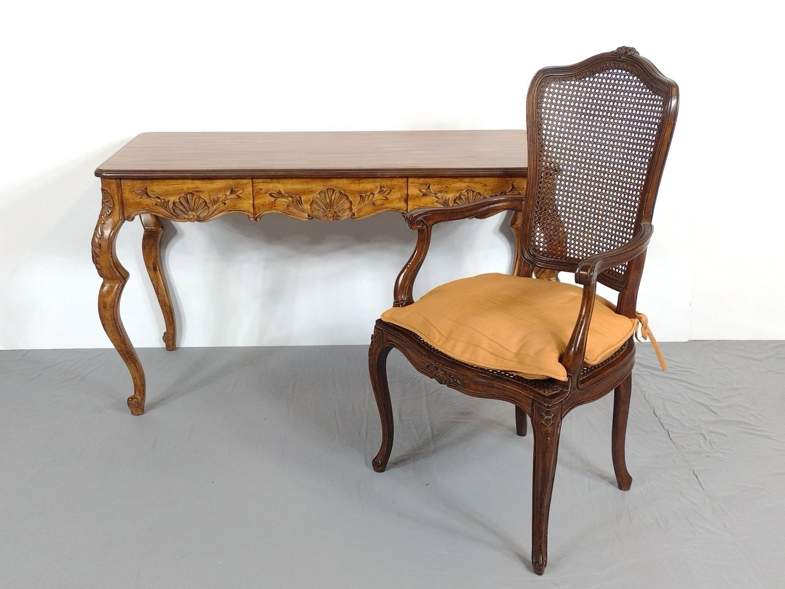 Single Drawer Writing Desk With Arm Chair: NOT ELIGIBLE FOR IN-HOUSE SHIPPING. Desk 51" wide X 24" deep X 29-1/2" high. Chairs 24" wide X 20" deep X 42-1/2" high.