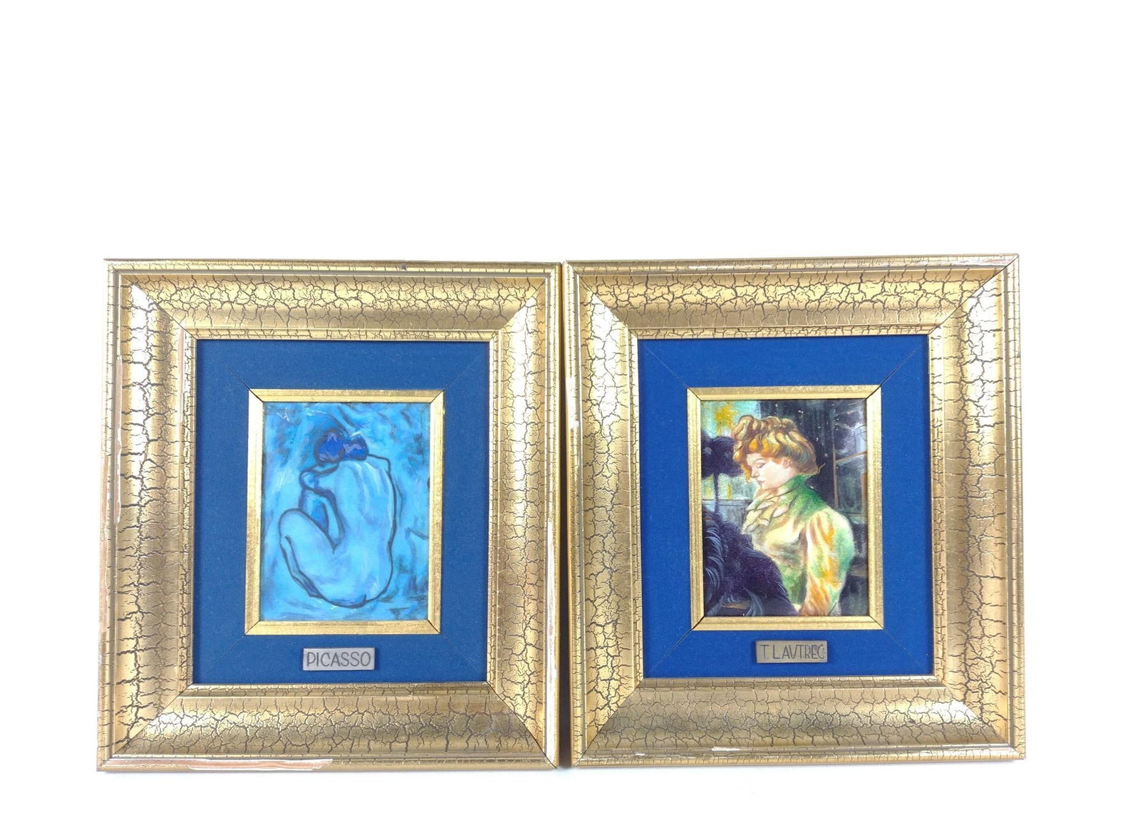 Picasso and T. Lavtrec Framed Plaques: Sight: 4-3/4" high x 3-1/2" wide. Overall with frame: 10-1/2" high x 9-1/2" wide. Both frames with losses.