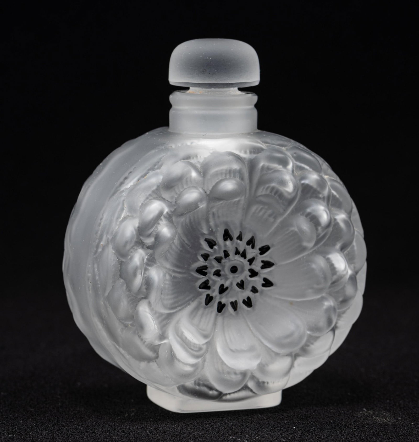 Lalique Dalia Perfume Bottle: 2-1/2" wide x 1-1/2" deep x 3-1/2" high.