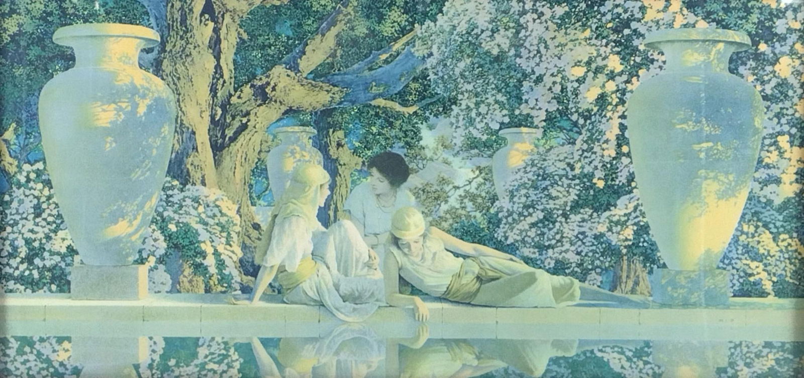 Maxfield Parrish "The Garden of Allah" Print: NOT ELIGIBLE FOR IN-HOUSE SHIPPING. Maxfield Parrish, Jr (1906 - 1983) was active/lived in United States. Maxfield Parrish Jr is known for Inventions, some drawings. Sight: 9-1/4" high x 18" wide. Ove