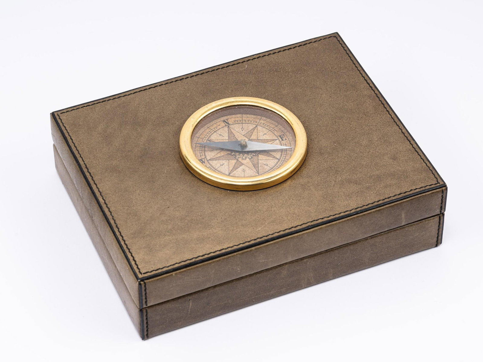 Leather Wrapped Game Box with Compass: 9-1/4" wide x 7-1/4" deep x 3" high. Minor scratches to leather.