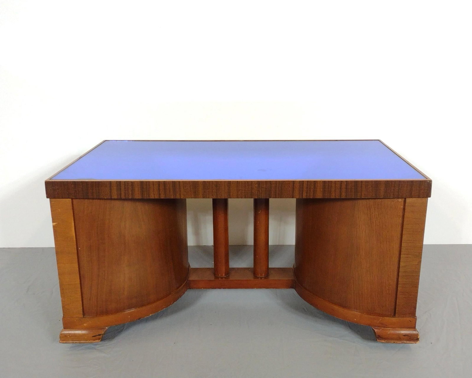 Blue Mirrored Top Coffee Table: NOT ELIGIBLE FOR IN-HOUSE SHIPPING. 34-1/4" wide X 18-1/4" deep X 17-1/4" high. Wood base has some chips. Mirrored Top has some loss around edge.