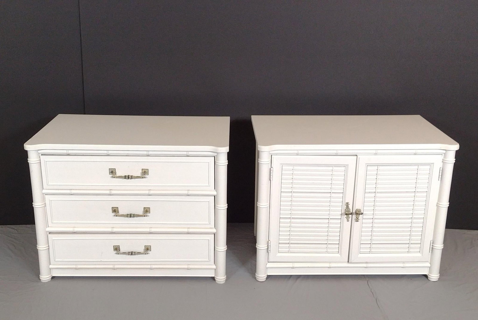 Henry Link Bali Hai Night Stands: NOT ELIGIBLE FOR IN-HOUSE SHIPPING. Each 30-1/2" wide X 19-1/2" deep X 23-1/2" high. Both have some areas of finish loss.