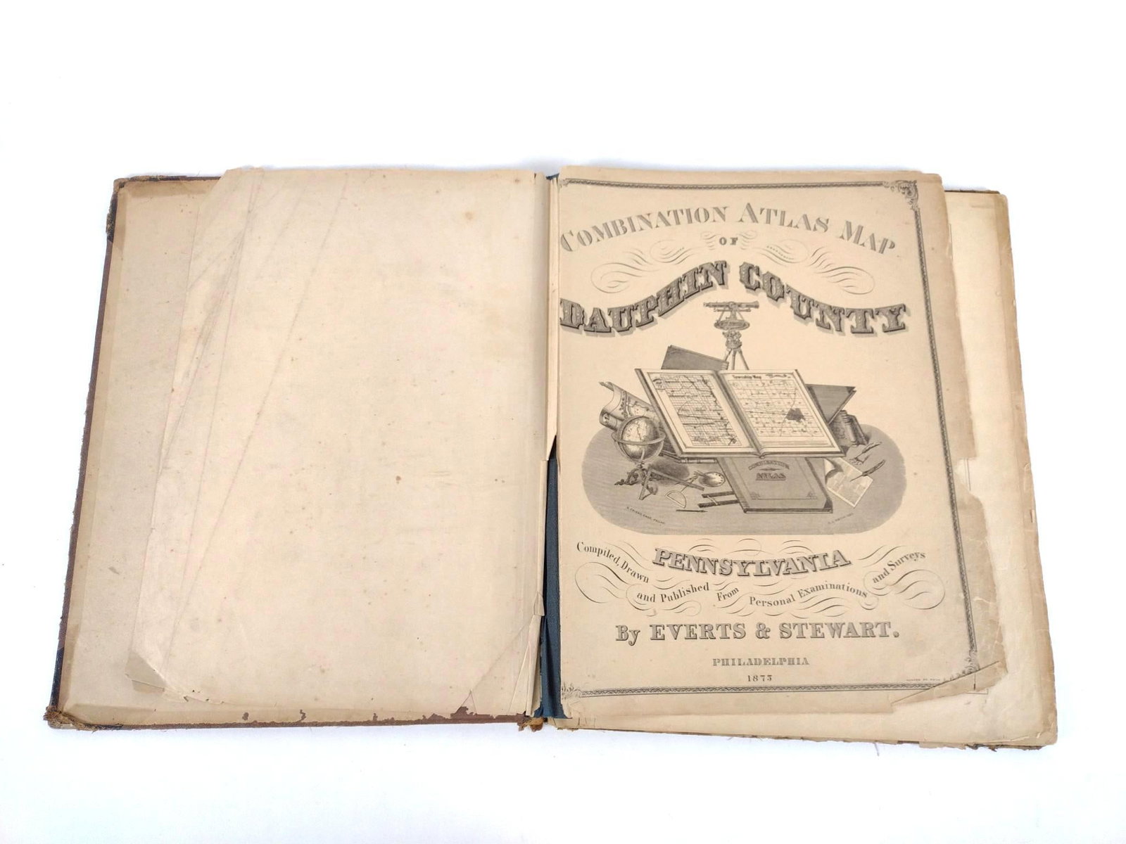 1875 Historical Atlas of Dauphin County: Losses, tears and discoloration to pages, covers and binding.