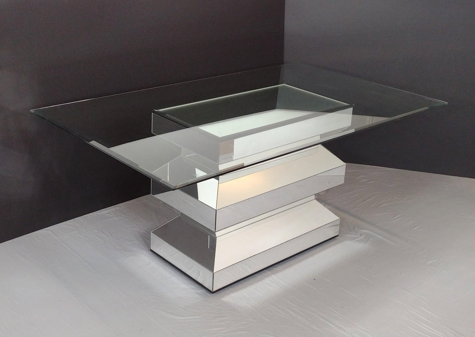 Glass Top Table with Mirrored Base: NOT ELIGIBLE FOR IN-HOUSE SHIPPING. 72" wide X 42" deep X 30-1/4" high. No manufactures name found.