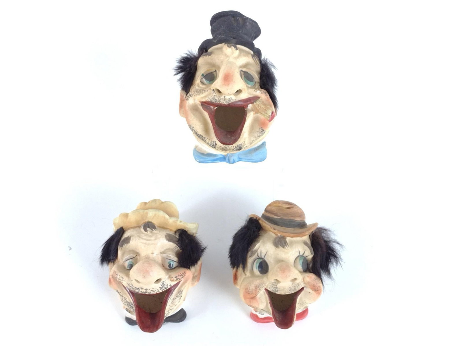 3 Tilso Figural Ashtrays: Each approximately: 3" wide x 4" deep x 3" high. Some wear consistent with age and use.
