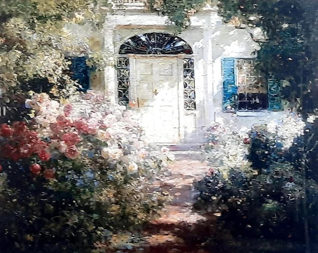 Abbott Fuller Graves "Doorway and Garden" Print: NOT ELIGIBLE FOR IN-HOUSE SHIPPING. Abbott Fuller Graves was an American painter and illustrator who specialized in decorative open air garden paintings and floral still-lifes. His use of thick brushs