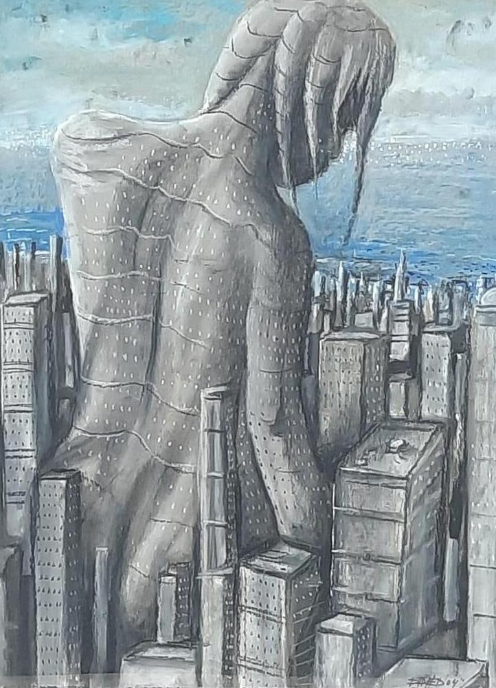 Woman with Cityscape Pastel: NOT ELIGIBLE FOR IN-HOUSE SHIPPING. Signature indecipherable. Sight: 23-3/4" high x 17-3/4" wide. Some losses to frame. Most losses colored in with black marker.