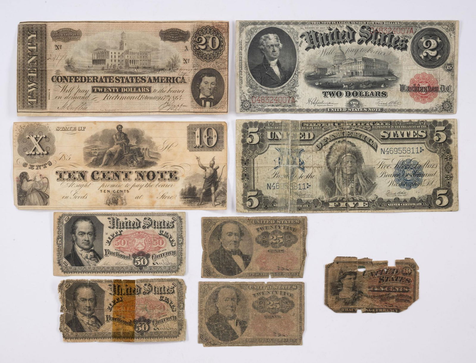 Large and Fractional and Confederate Bill $2 $5 $20 (1 of 7)