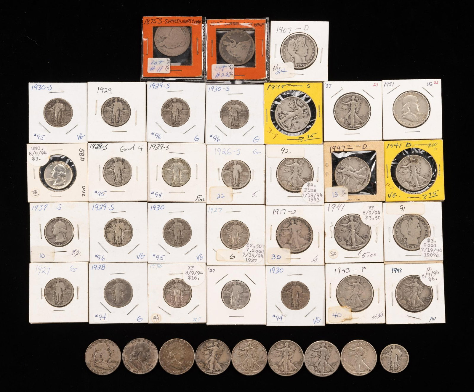 Silver Quarters And Half Dollars Including Standing And Walking Liberty Barber Seated: Loose coins and coins in holders consisting of 22 half dollars and 18 quarters.