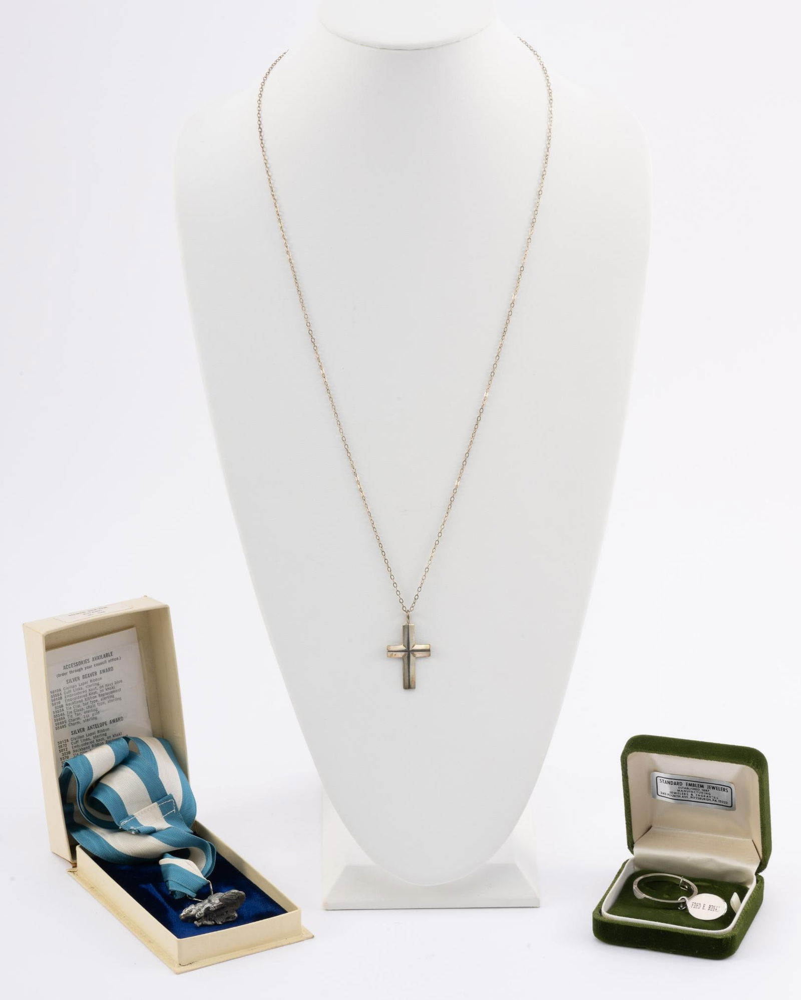 3 Pcs Sterling Silver: Includes Boy Scouts Award, keychain, and necklace. All marked. 1.71 ozt total. Necklace 29-3/4" long.