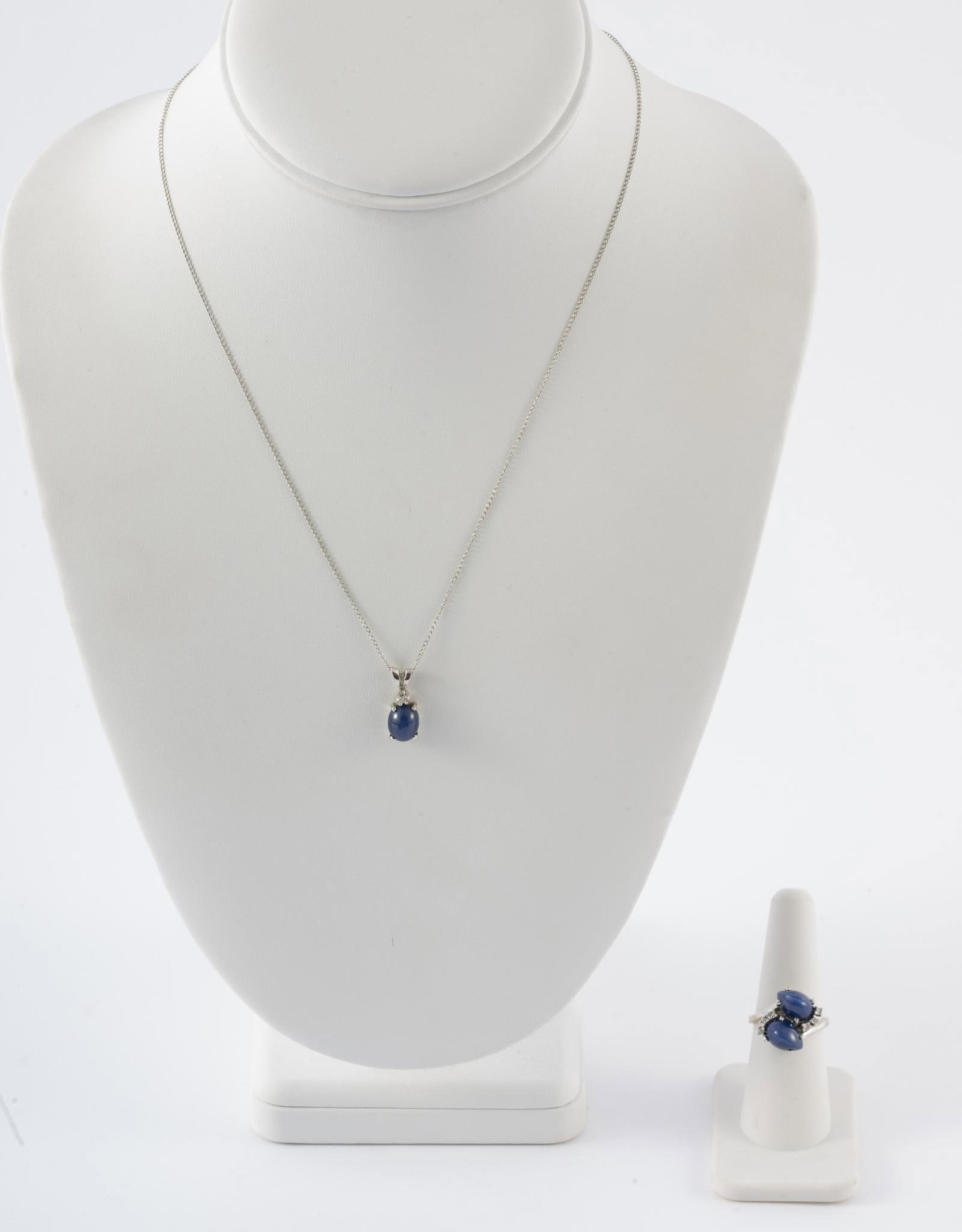 14K White Gold, Star Sapphire and Diamond Necklace & Ring: Ring size 7. The necklace is a very delicate 18" white gold chain with blue star sapphire and diamond to match the ring. Total weight 7.3 grams.