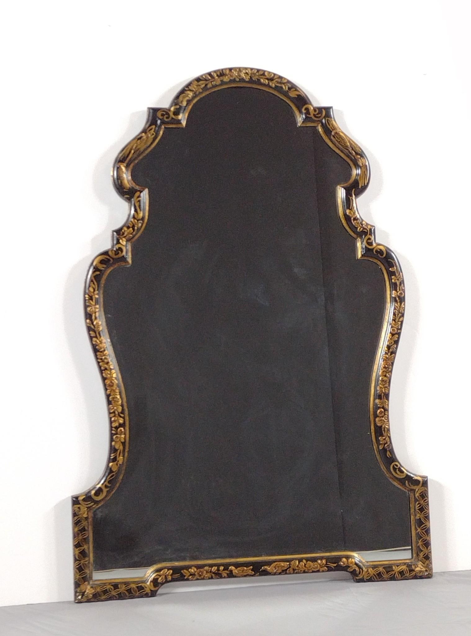 Vintage Mirror with Gilt Floral Motif: NOT ELIGIBLE FOR IN-HOUSE SHIPPING. Overall with frame: 49-1/2" high x 34" wide. Some paint losses and cracks in frame.