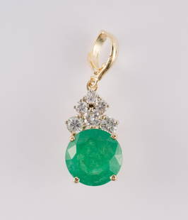 14K Gold, Emerald & Diamond Enhancer: DESCRIPTION: 14k yellow gold enhancer set with approximately 2.8 carat (11.3mm x 11.3mm x 5.3mm) round cut emerald and six round brilliant cut diamonds, approximately .70 CTW. Clarity SI1, Color G-H.