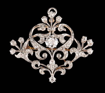 14K Gold, Platinum & 2.76 CTW Diamond Pendant/Brooch: DESCRIPTION: 14k yellow gold art nouveau setting with platinum front / workmanship. One Old European cut diamond approximately 1.01 carat (6.65mm x 6.65mm x 3.85mm). Clarity SI2, Color H-I.