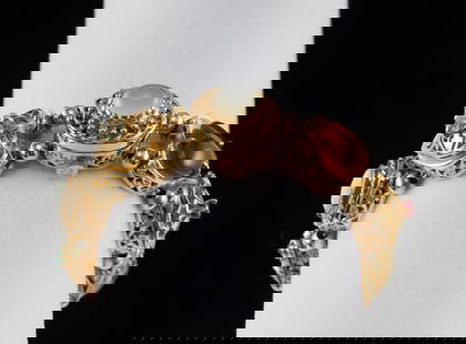 Spritzer & Fuhrmann 14K Gold & Gemstone Omega Watch Bracelet: DESCRIPTION: 14k gold link bracelet in heart, floral, and diamond forms each set with gemstones including amethyst, topaz, moonstone, carnelian, ruby, jade, citrine, and cameo. Hidden Omega