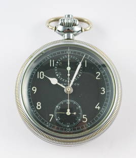 Hamilton Model 23 Chronograph Pocket Watch WWII U.S. Navy: DESCRIPTION: Split second black face Arabic dial with 30 minute chronograph register, marked Hamilton. Radium hands and sweep second hand running off push button on stem. Stem set and wind. Two other