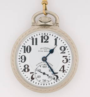 Illinois 23J Bunn Special Railroad Pocket Watch: DESCRIPTION: 60 hour open face railroad watch in a white gold filled case. Adjusted temp, 6 positions. Works marked Illinois 23J Bunn Special. Illinois Watch Co. Springfield. 163 motor barrier. Case