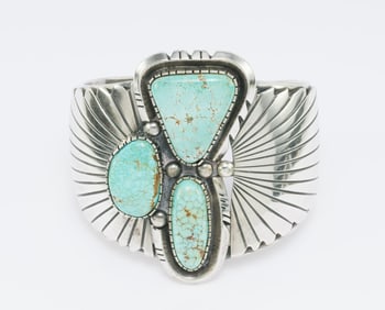 Large Navajo Cuff Bracelet Sterling Silver And Turquoise