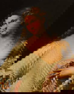 Oil On Canvas Painting Of Flora After Titian (Tiziano Vecellio): NOT ELIGIBLE FOR IN-HOUSE SHIPPING.DESCRIPTION: Probably 19th Century (Grand Tour). A very fine copy of Titian's Flora. The original painted in approximately 1515. Elaborate, exceptional wood carved