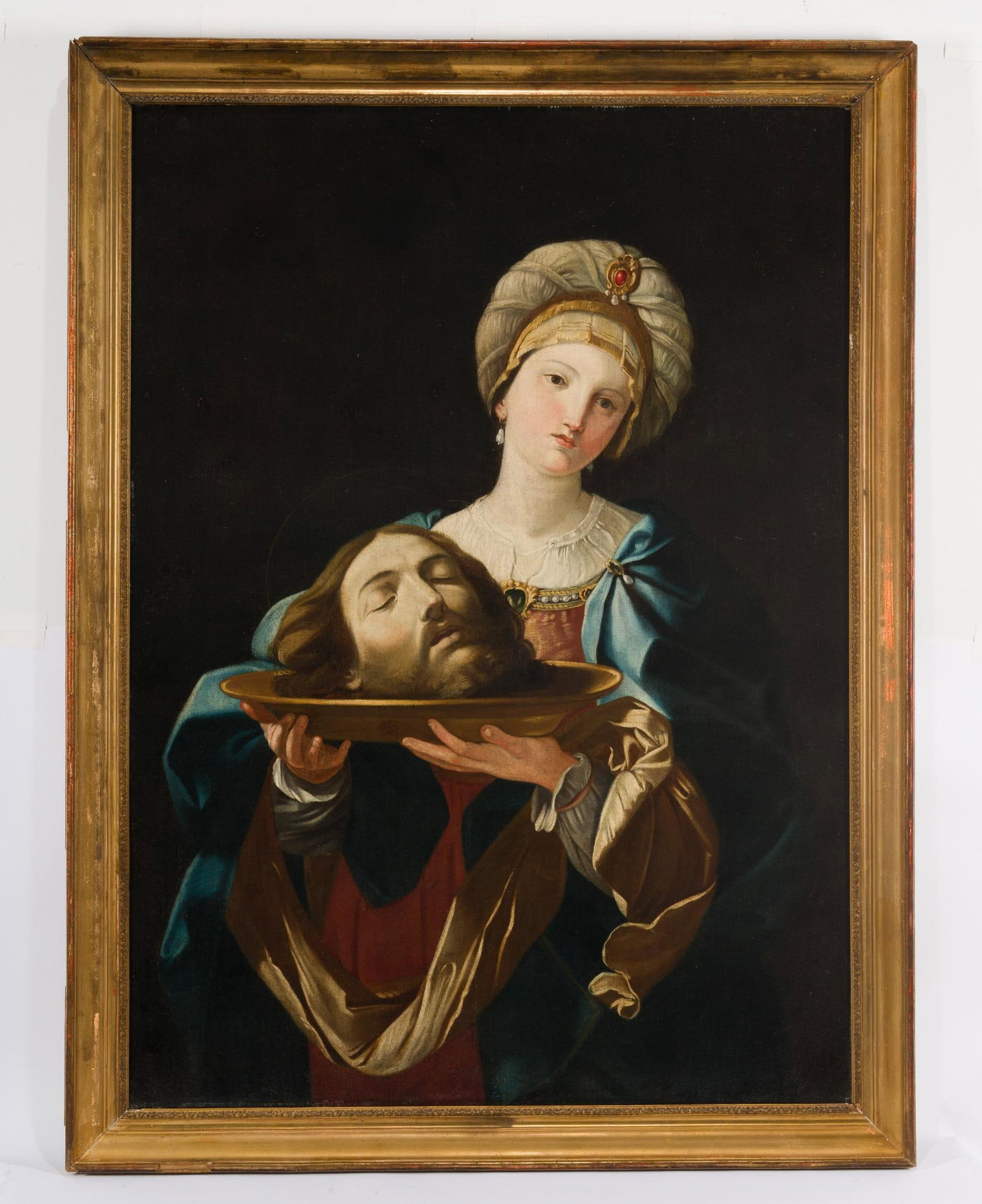 Oil On Canvas Painting Circle Of Guido Reni Salome With The Head Of John The Baptist: NOT ELIGIBLE FOR IN-HOUSE SHIPPING. DESCRIPTION: Likely painted in the 1600's. Copies of popular paintings were commonly produced during the period, by re-painting them, since color printing methods h