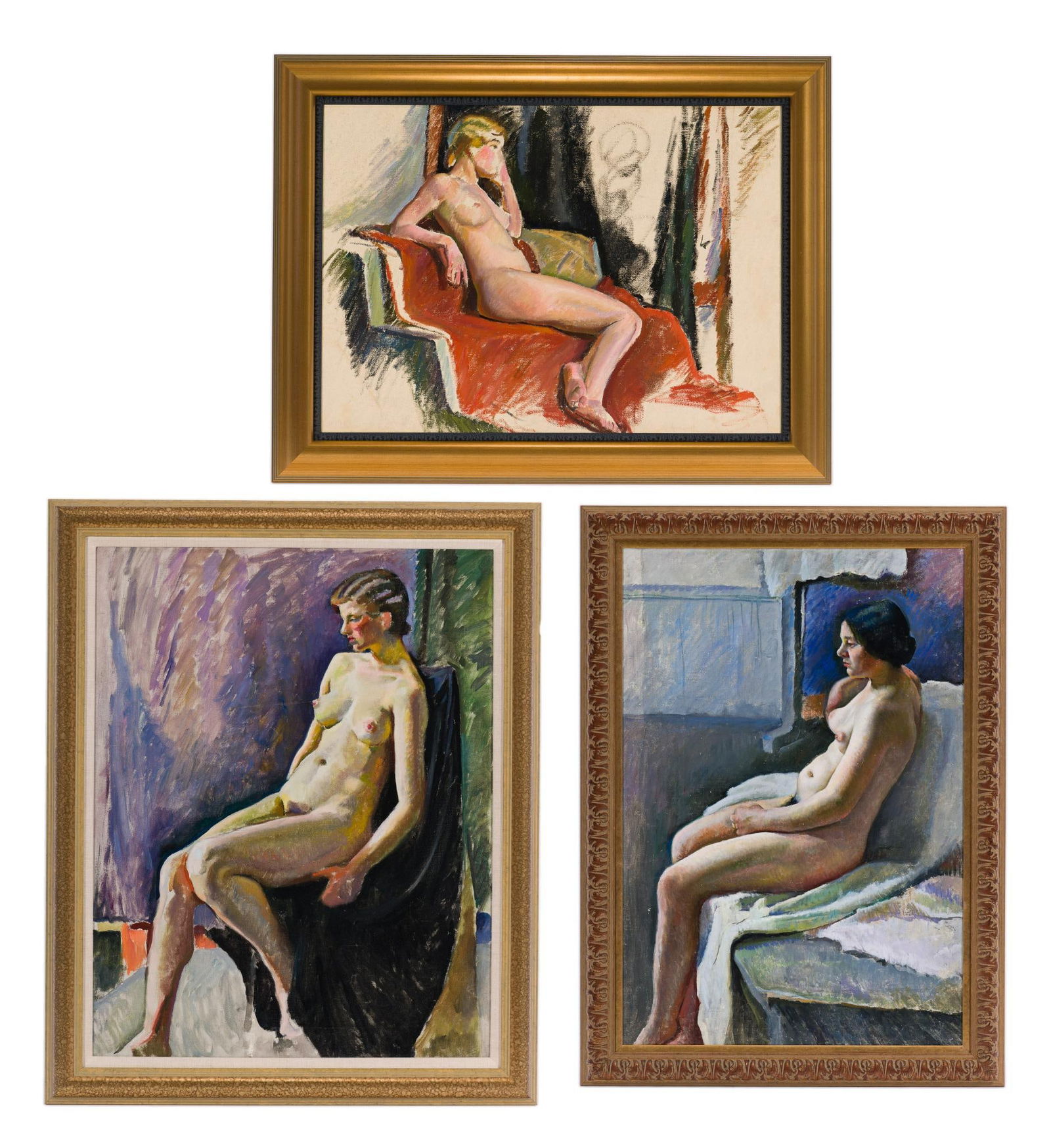 Joseph Michael Plavcan Oil On Canvas: DESCRIPTION: Three paintings, all nudes Joseph Plavcan 1908 - 1981. One possibly a study and two paintings with damage. Includes Reclining nude study; seated nude; and seated nude with blue background
