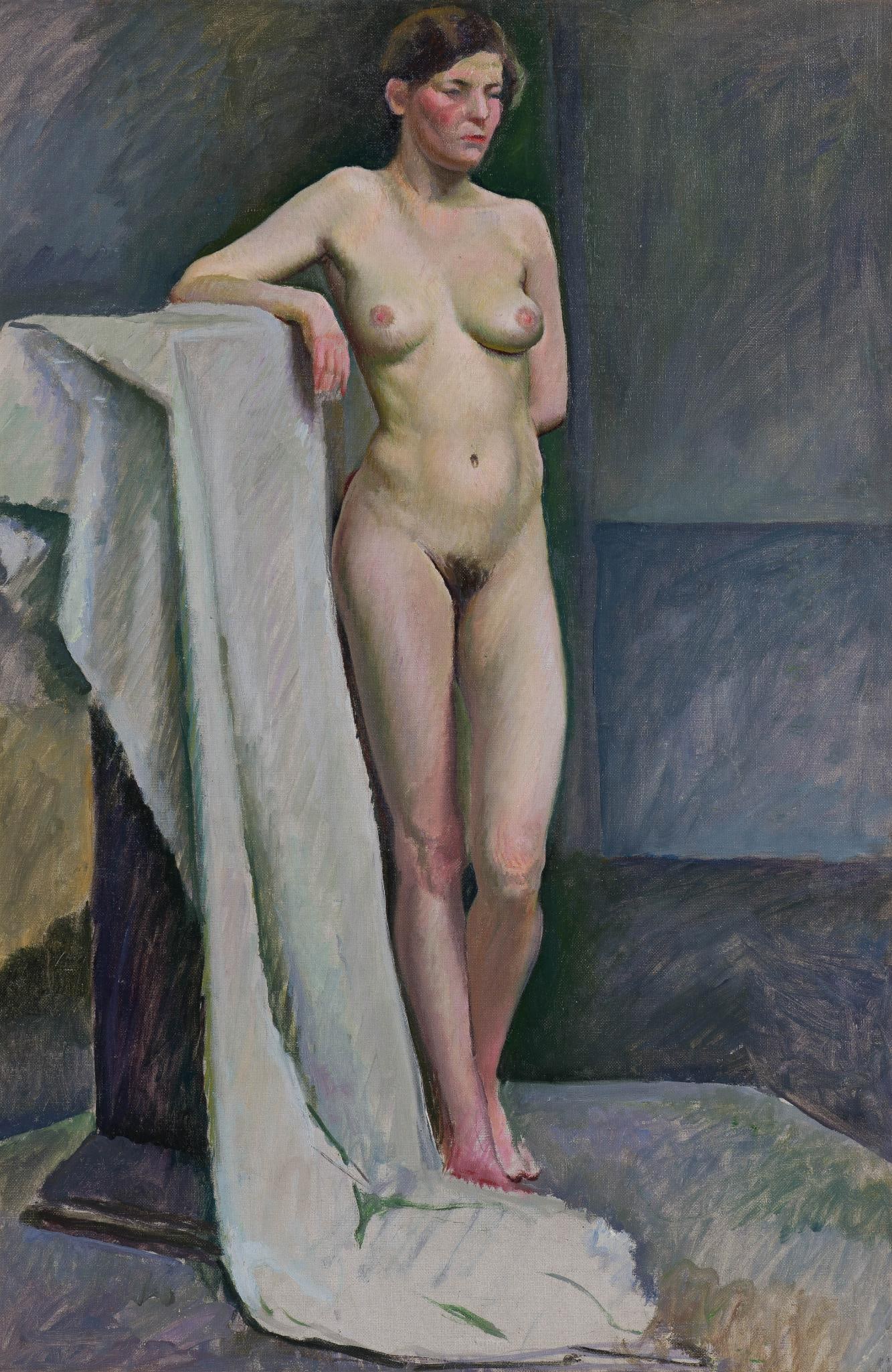 Joseph Michael Plavcan Oil On Canvas: DESCRIPTION: Oil painting, standing nude by Joseph Plavcan 1908 - 1981. MEASUREMENTS: 30" X 20", 36" X 26" framed. CONDITION: No damage or repair.