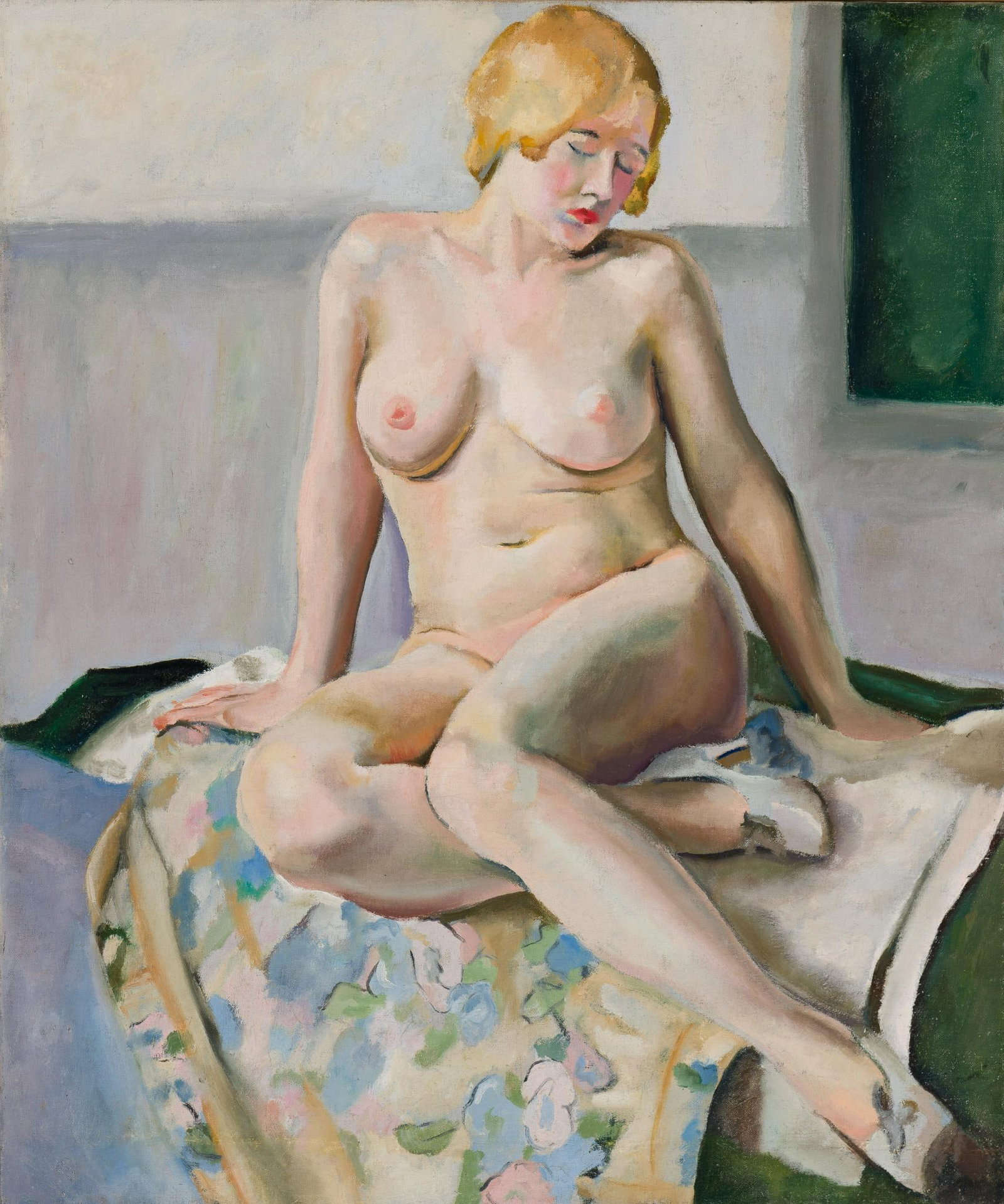 Joseph Michael Plavcan Oil On Canvas: DESCRIPTION: Oil painting, seated nude by Joseph Plavcan 1908 - 1981. MEASUREMENTS: 30" X 25", 36 1/2" X 31 3/4" framed. CONDITION: No damage or repair.
