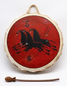 Phillip C. Martinez (20th C. Mexican) Taos Pueblo Painted Drum