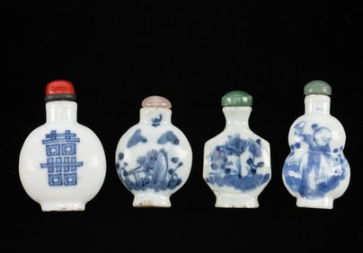 4 Antique Blue & White Porcelain Snuff Bottles