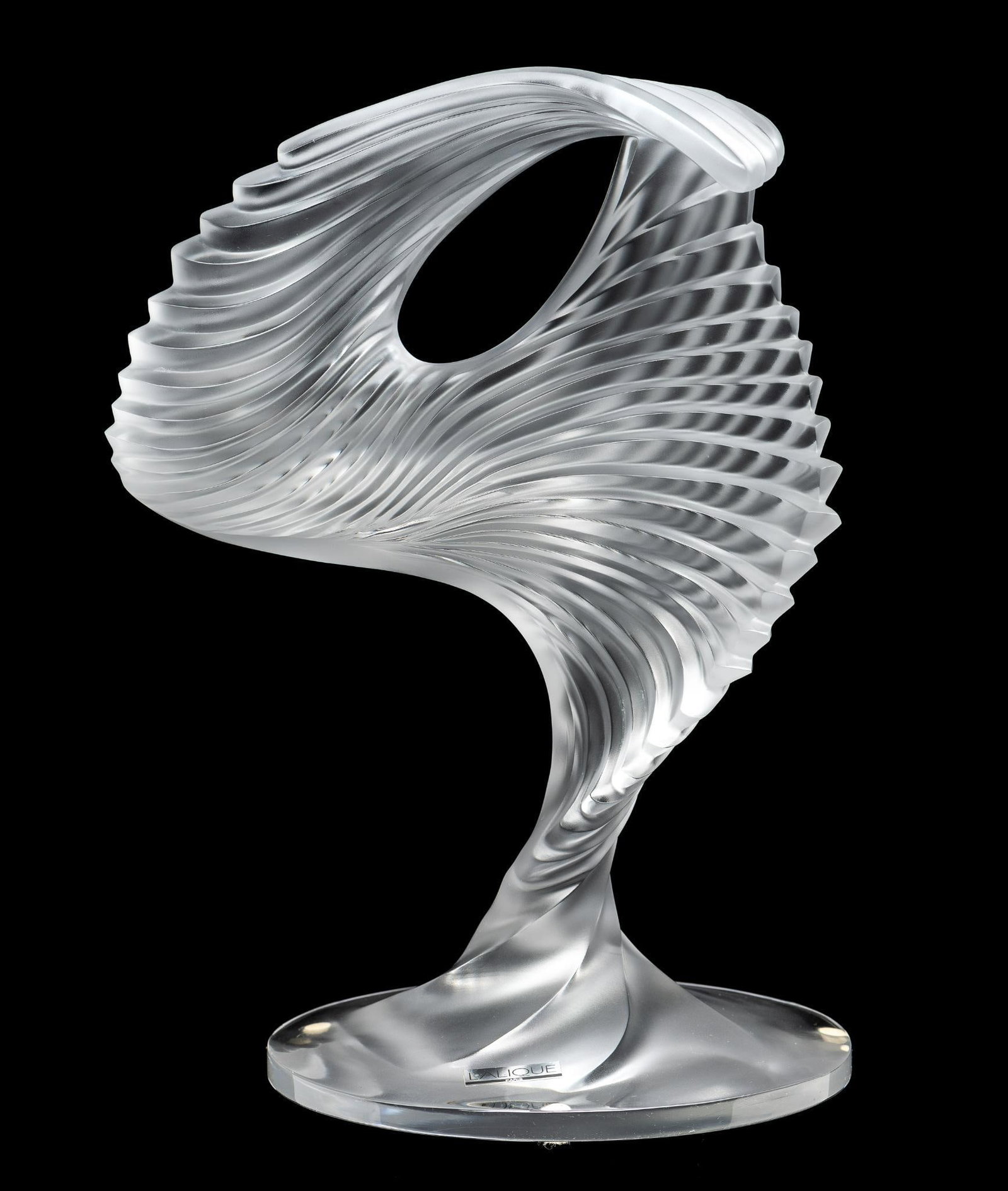 Lalique Trophee Sculpture: DESCRIPTION: Abstract fan like sculpture. Lalique is a French luxury glassmaker founded in 1888. Best known for producing glass art during the early 20th century. MEASUREMENT: 7-1/4" diameter x 11-1/2
