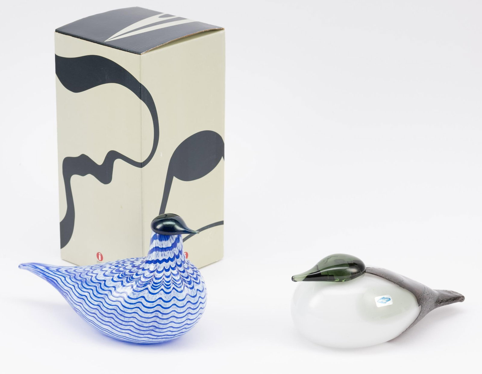 Oiva Toikka Blue Bird And Eider: DESCRIPTION: Includes Blue Bird and The Elder (Northern Sea Duck). The Blue Bird is the Lintu Sininen version 1991. Signed And With Original Box for the Blue Bird. No box for The Elder. MEASUREMENTS: 