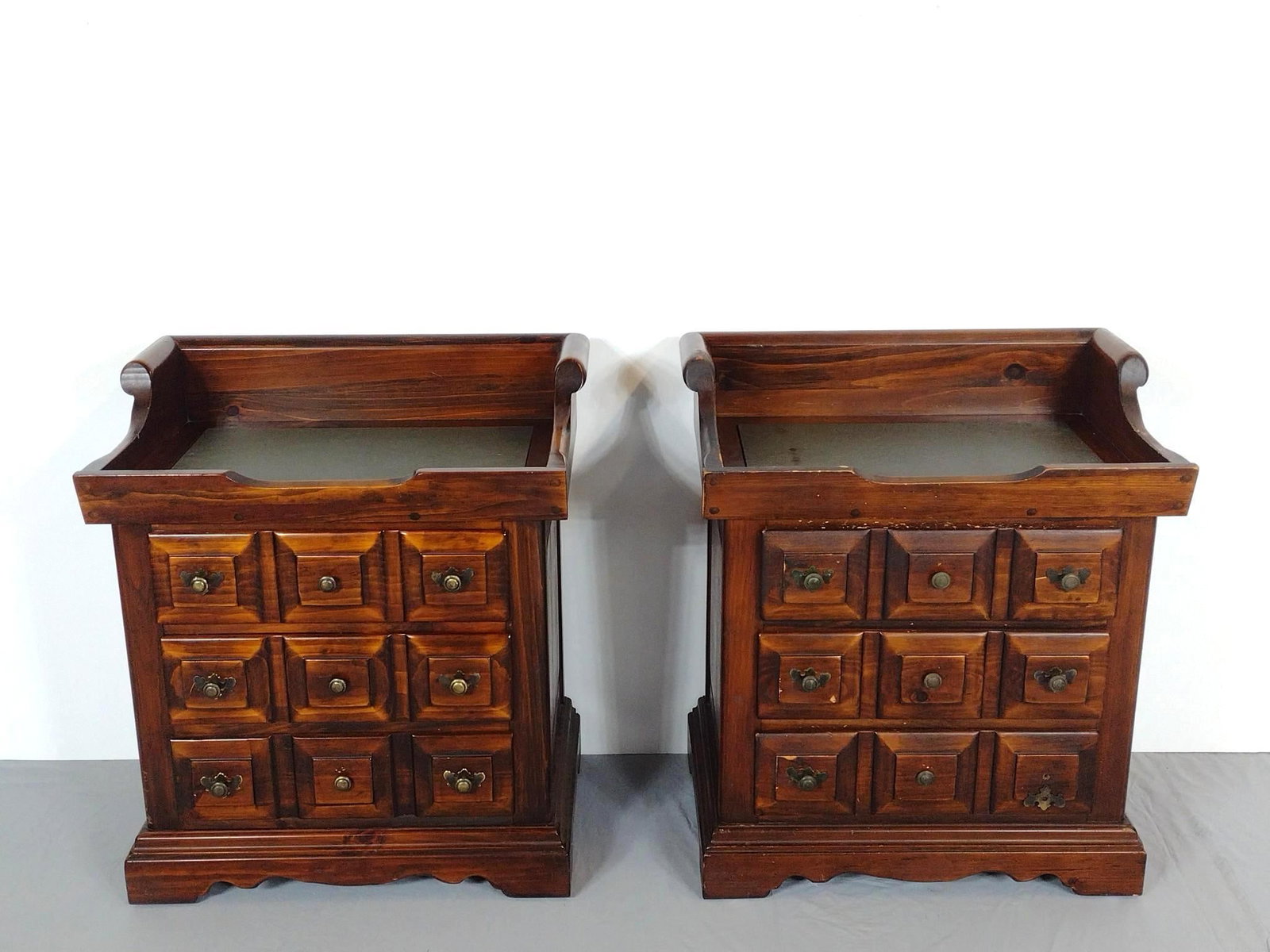 Pair Of Link-Taylor Night Stands: NOT ELIGIBLE FOR IN-HOUSE SHIPPING. Each unit with 3 drawers. Each 27" wide X 18-1/2" deep X 29" high. Both have finish loss and minor scratches.