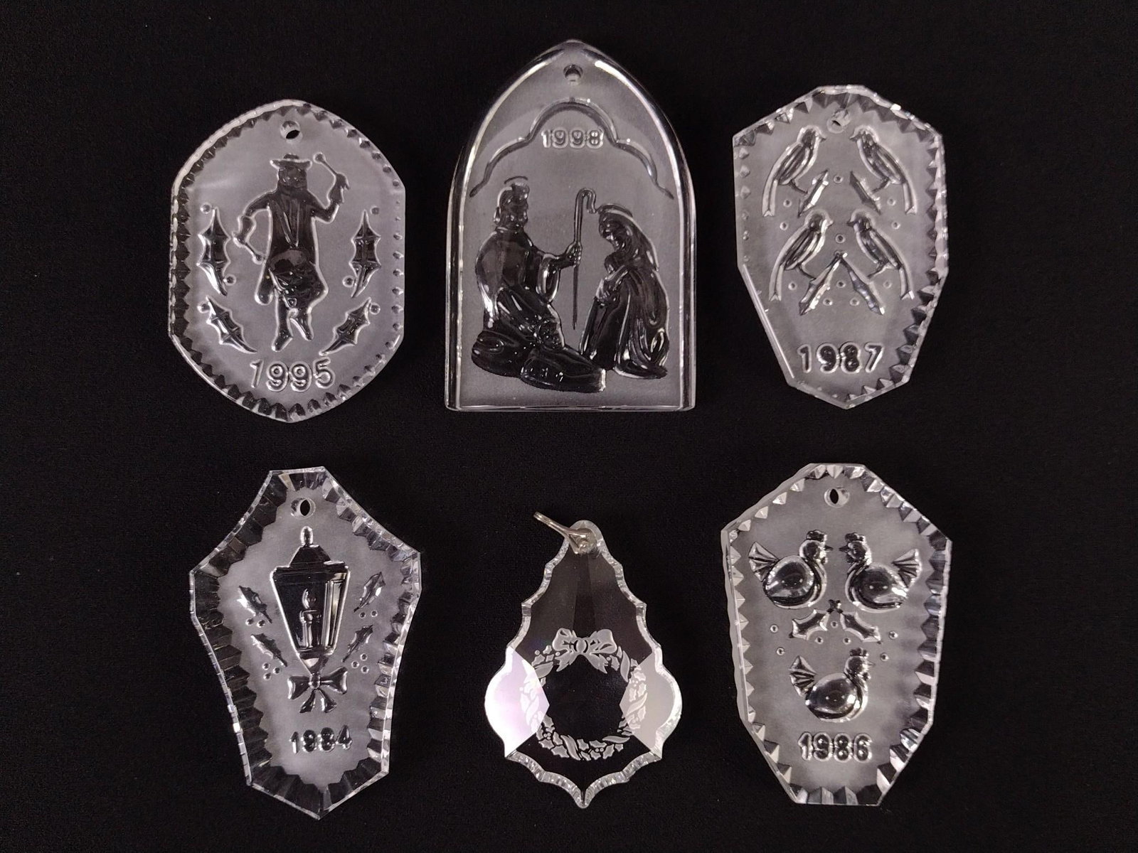 6 Waterford Christmas Ornaments with Boxes: Includes 1984, 1986, 1987, 1995, 1998, and Wreath. 2-1/2" to 3-1/2" long. All with original box.