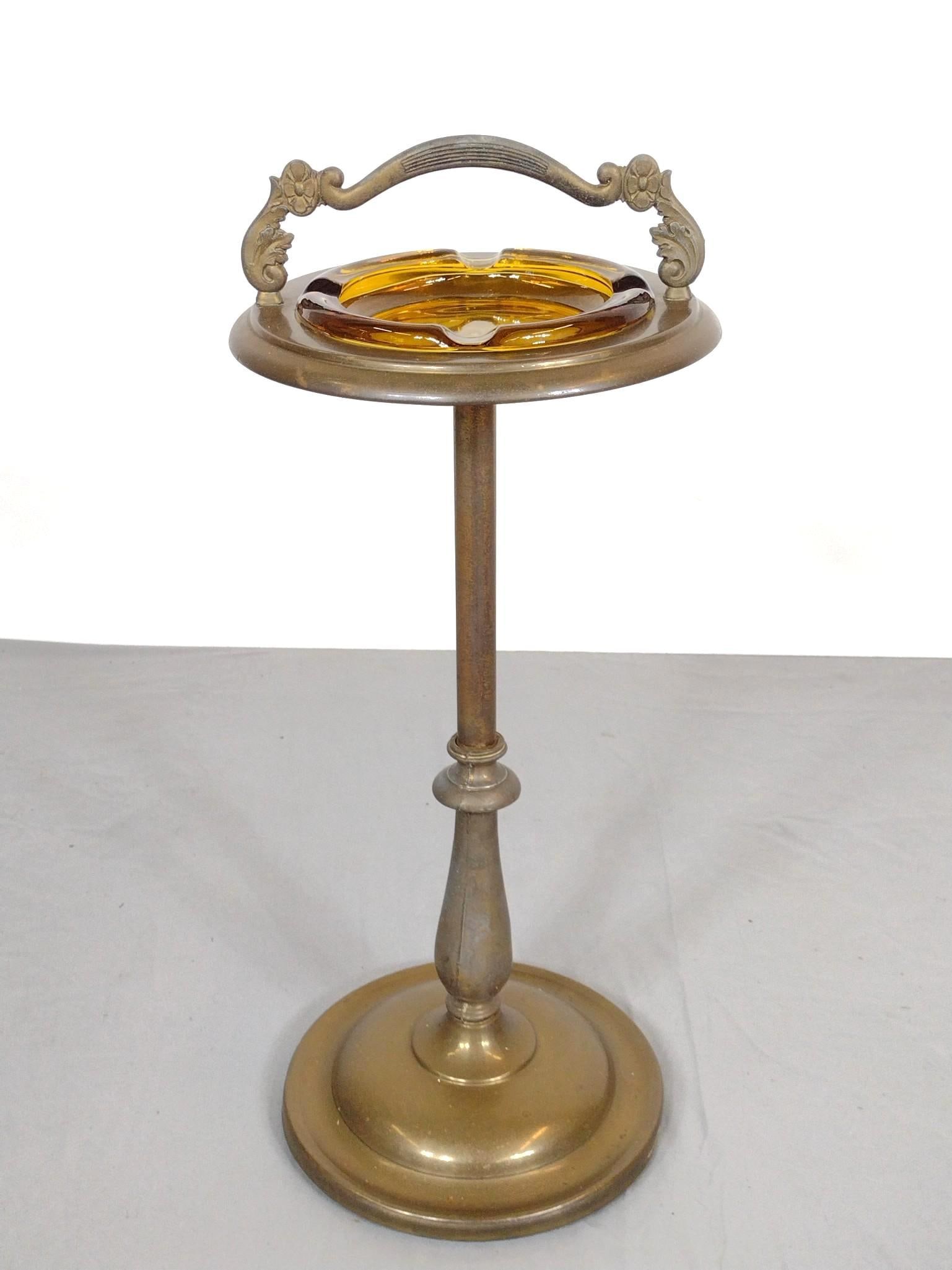 Brass Smoking Stand w/ Amber Glass Ashtray (1 of 5)