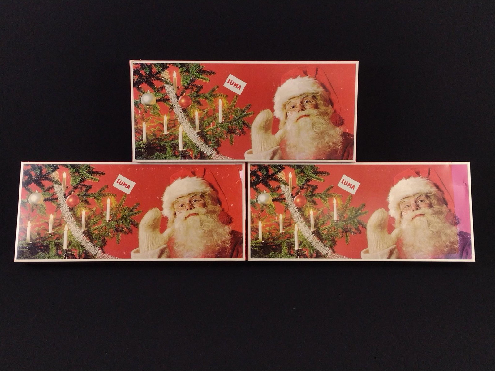 3 New Old Stock Luma Julgransbelysning Christmas Lights: All new in original boxes. Boxes with some discoloration and minor tears.
