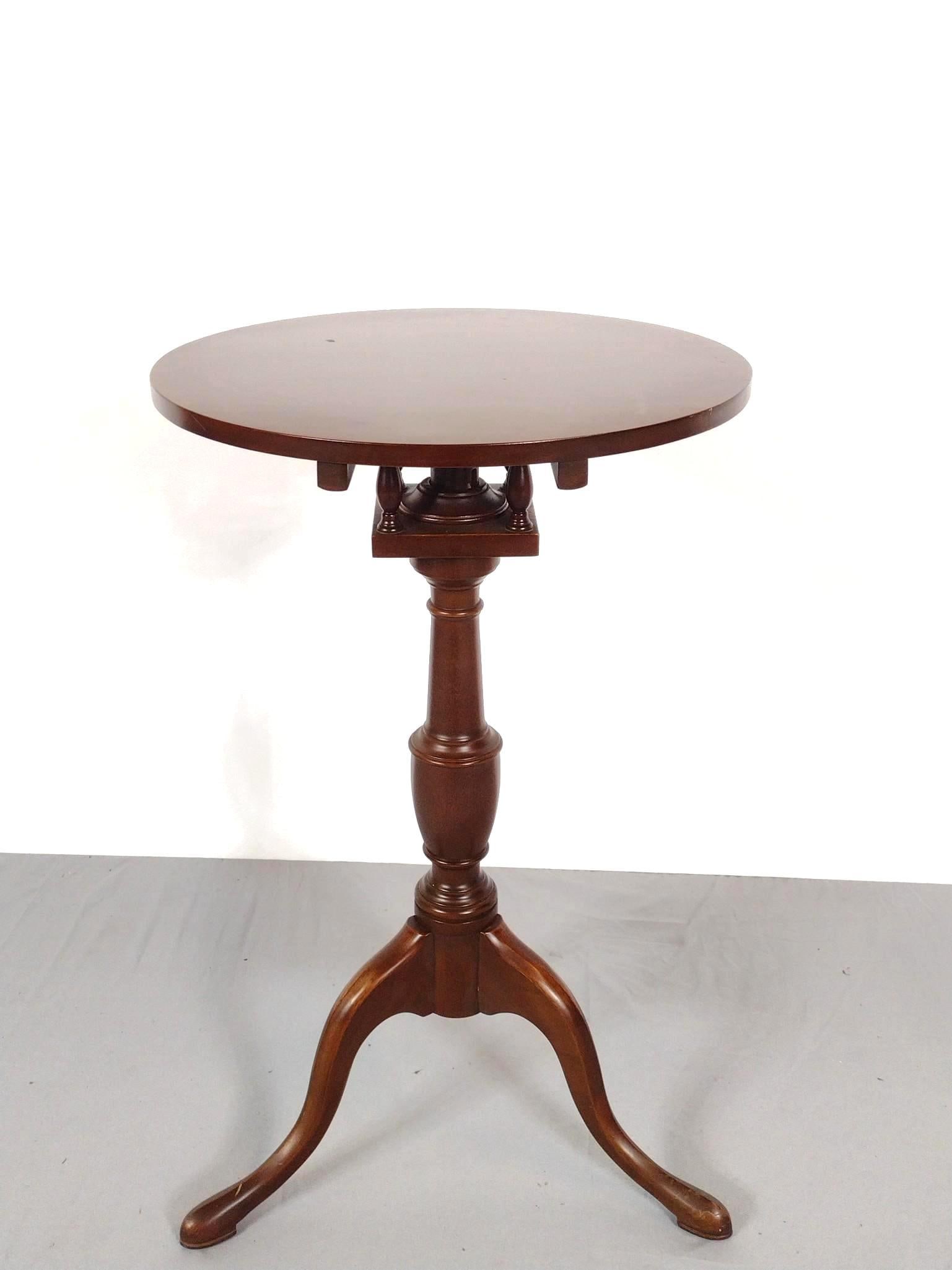 Jefferson Reproductions Tilt Top Candle Stand: NOT ELIGIBLE FOR IN-HOUSE SHIPPING. 17-1/4" diameter X 29" high. Has some scratches.