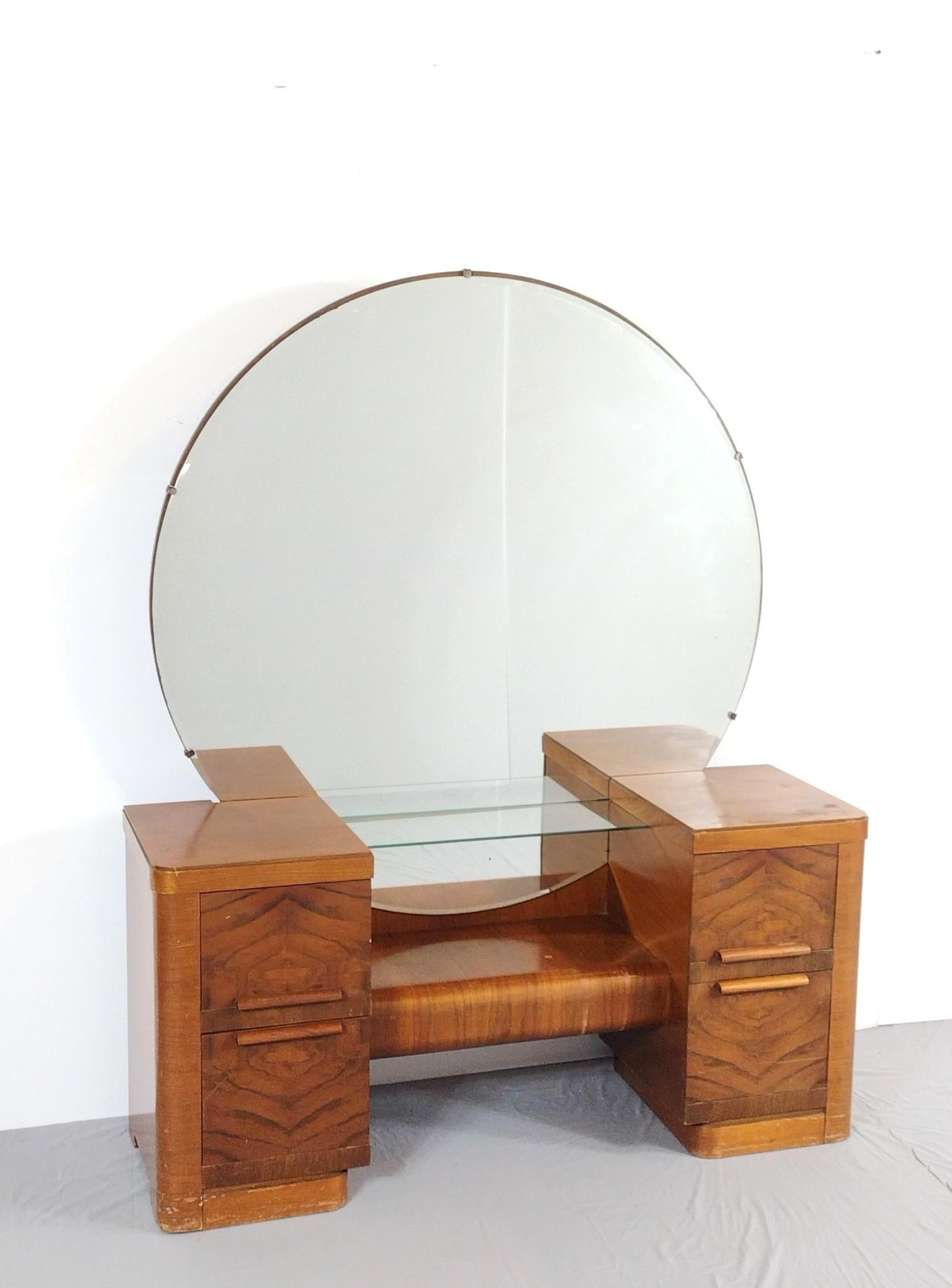 Cavaliss Art Deco Vanity: NOT ELIGIBLE FOR IN-HOUSE SHIPPING. 52" wide X 17-1/2" deep X 63-1/2" high. Has some scratches and areas of finish loss.
