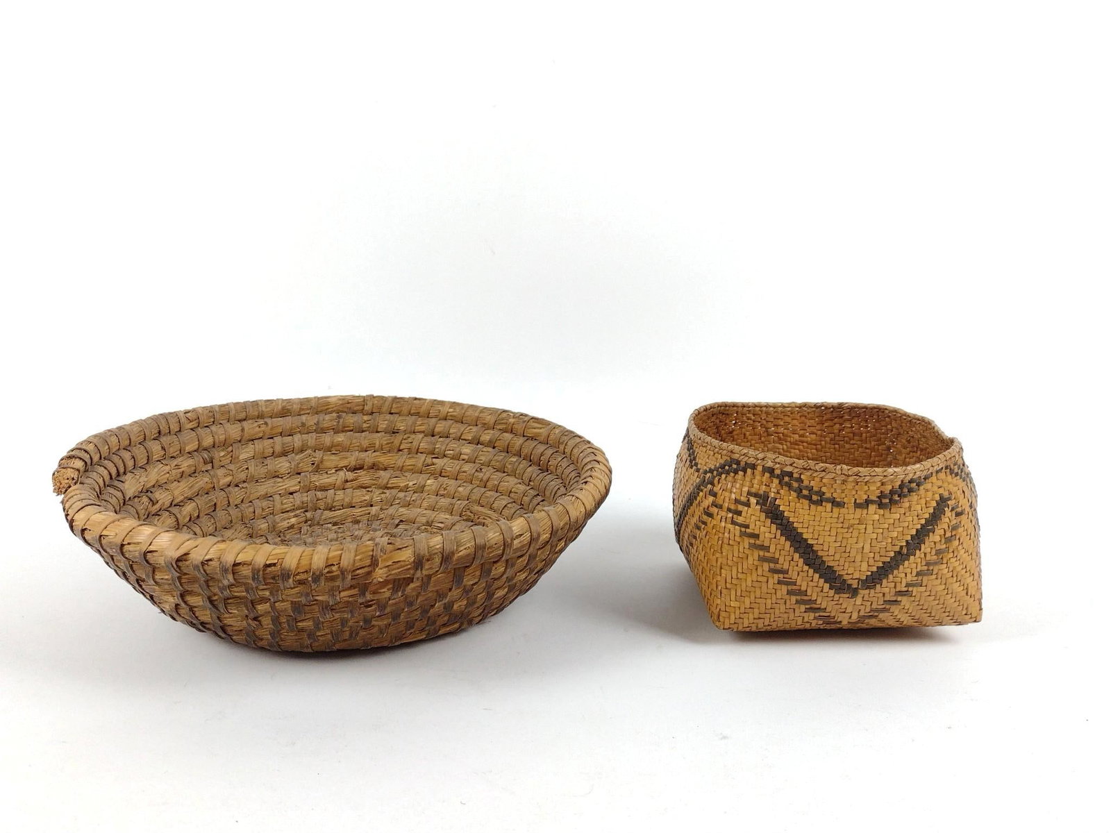 Woven Bowl and Cubic Basket: 5-1/4" to 11" wide x 3-1/2" to 4" high.