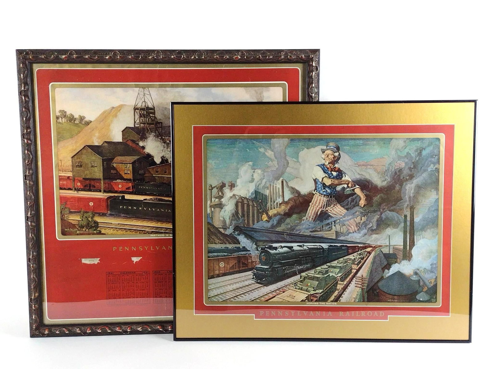 2 Railroad Calendar Prints incl 1941-1943: NOT ELIGIBLE FOR IN-HOUSE SHIPPING. Sight: 20-1/2" to 27-1/2" high x 26-1/2" to 28" wide. Overall with frames: 25-1/4" to 30-1/2" high x 31-1/4" wide. Some wear to frames.