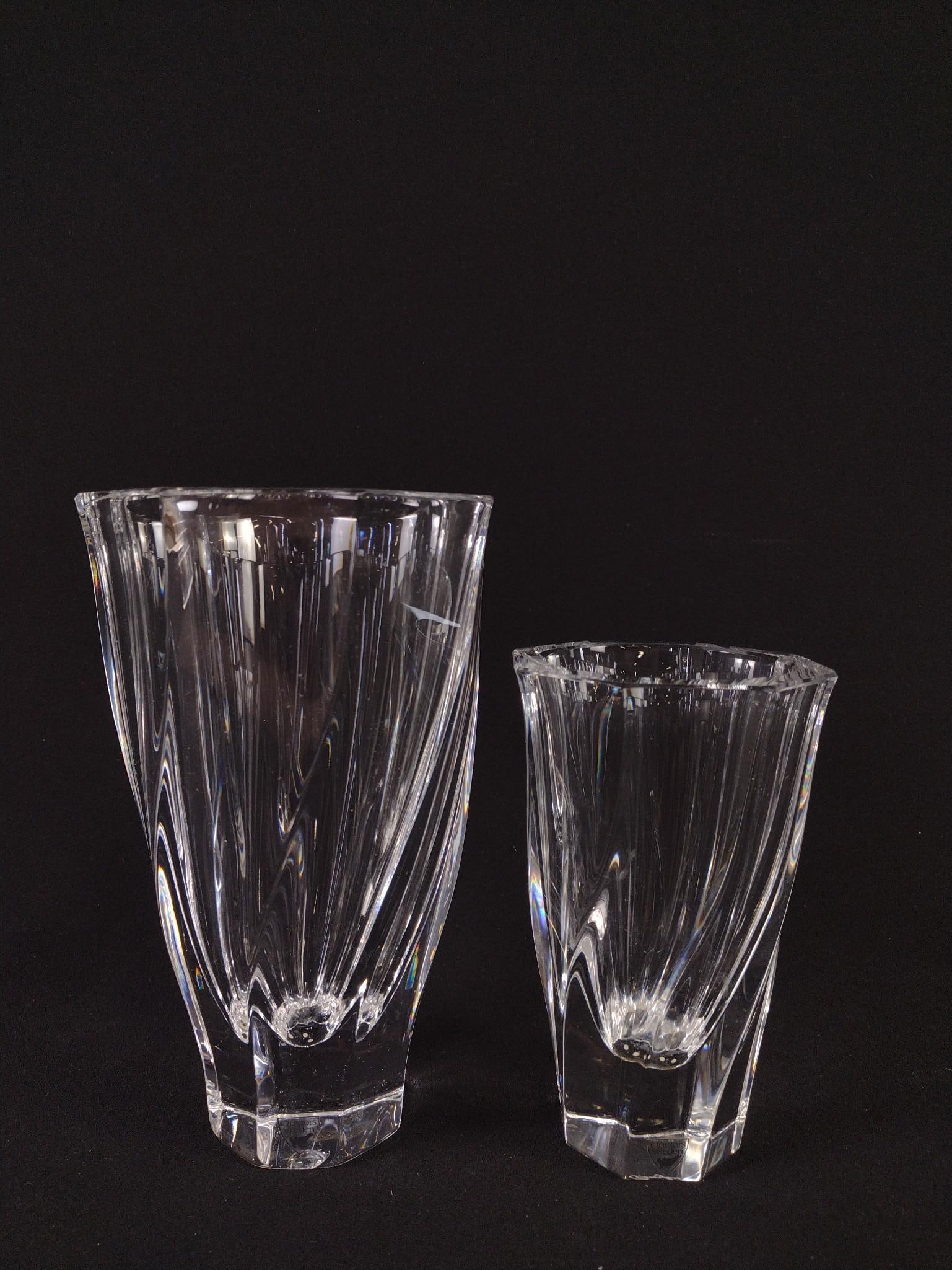 2 Orrefors Vases: 3-3/4" to 5" diameter x 6-1/4" to 8-1/4" high. Large with chip to base rim.