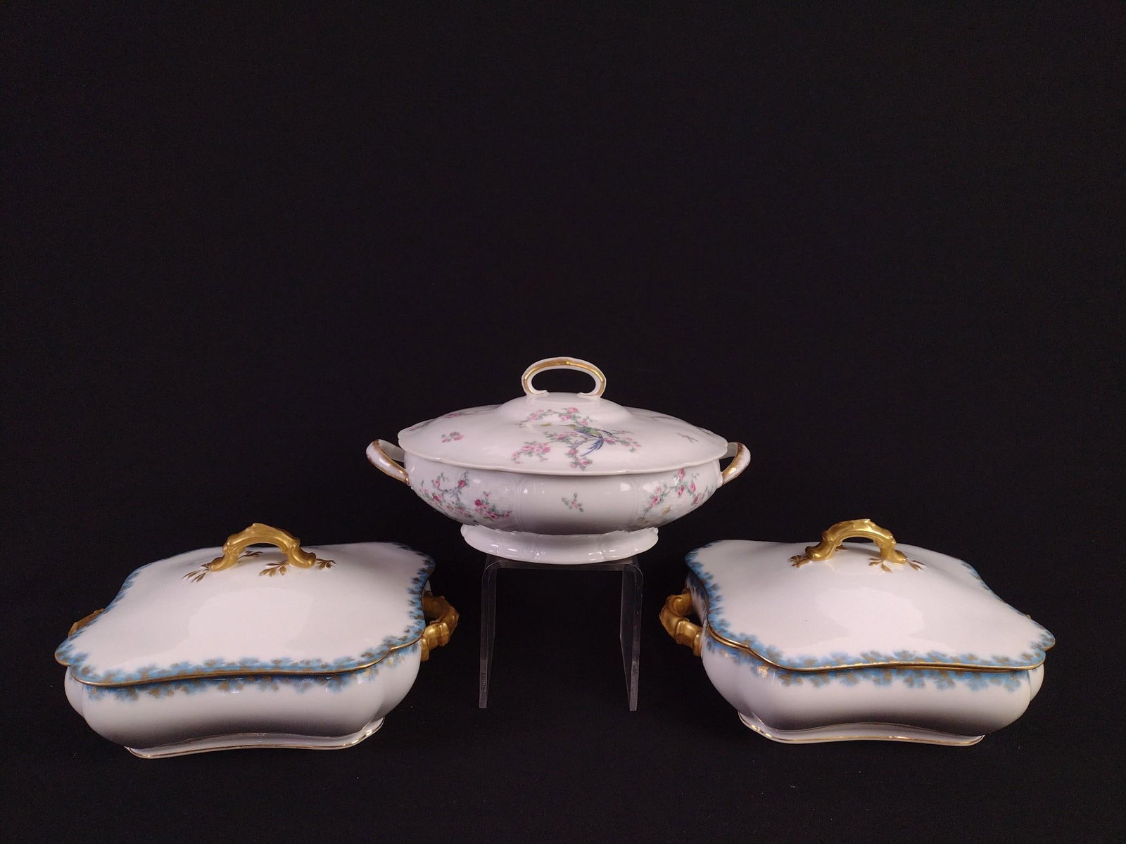 3 Limoges Tureens incl Floral / Bird Pattern: 9-1/2" to 10" wide x 4-1/2" to 5-1/2" high.