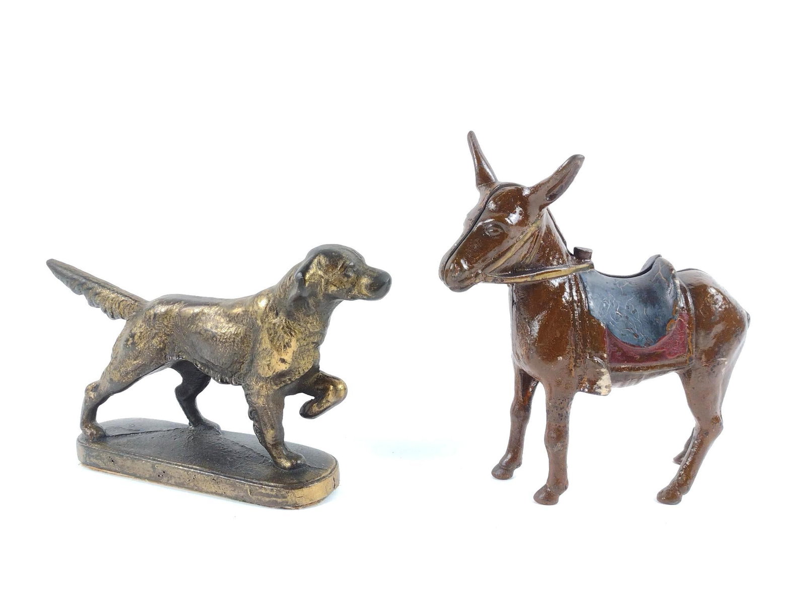 Cast Metal Dog Figurine and Donkey Coin Bank: 6-1/4" to 7-1/2" wide x 5" to 6-3/4" high.
