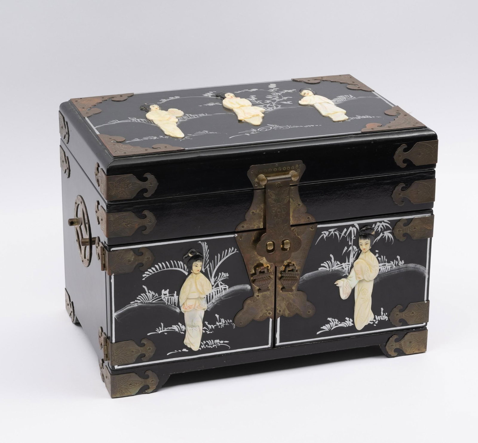 Asian Jewelry Box with Hardstone Embellishments: Closed: 14-1/2" wide x 9-1/2" deep x 10-11/2" high. Front handle is disconnected, but included.