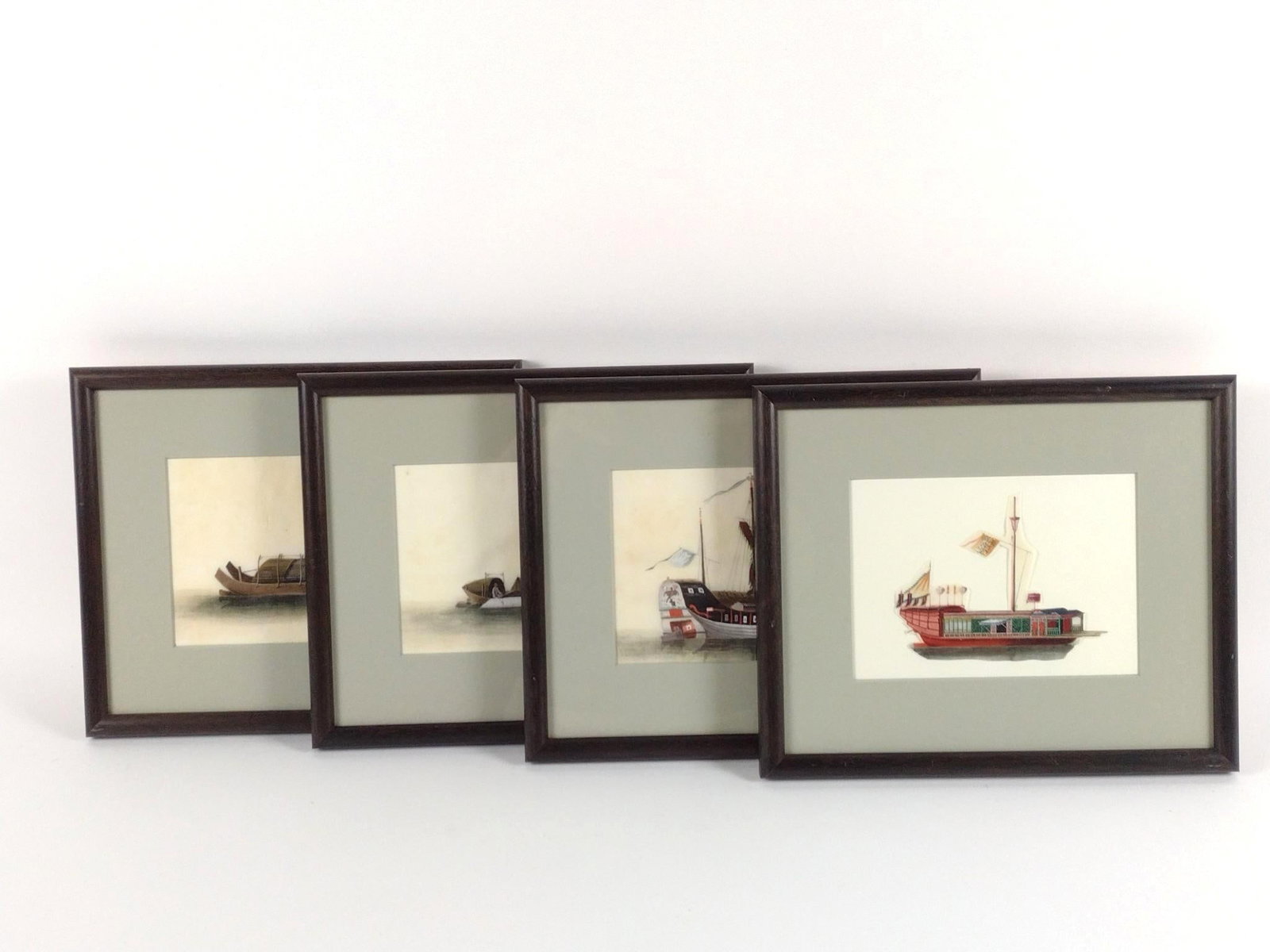 4 Boat Paintings on Silk: NOT ELIGIBLE FOR IN-HOUSE SHIPPING. Sight: 5" high x 7" wide. Overall with frame: 10" high x 12" wide. Some discoloration.