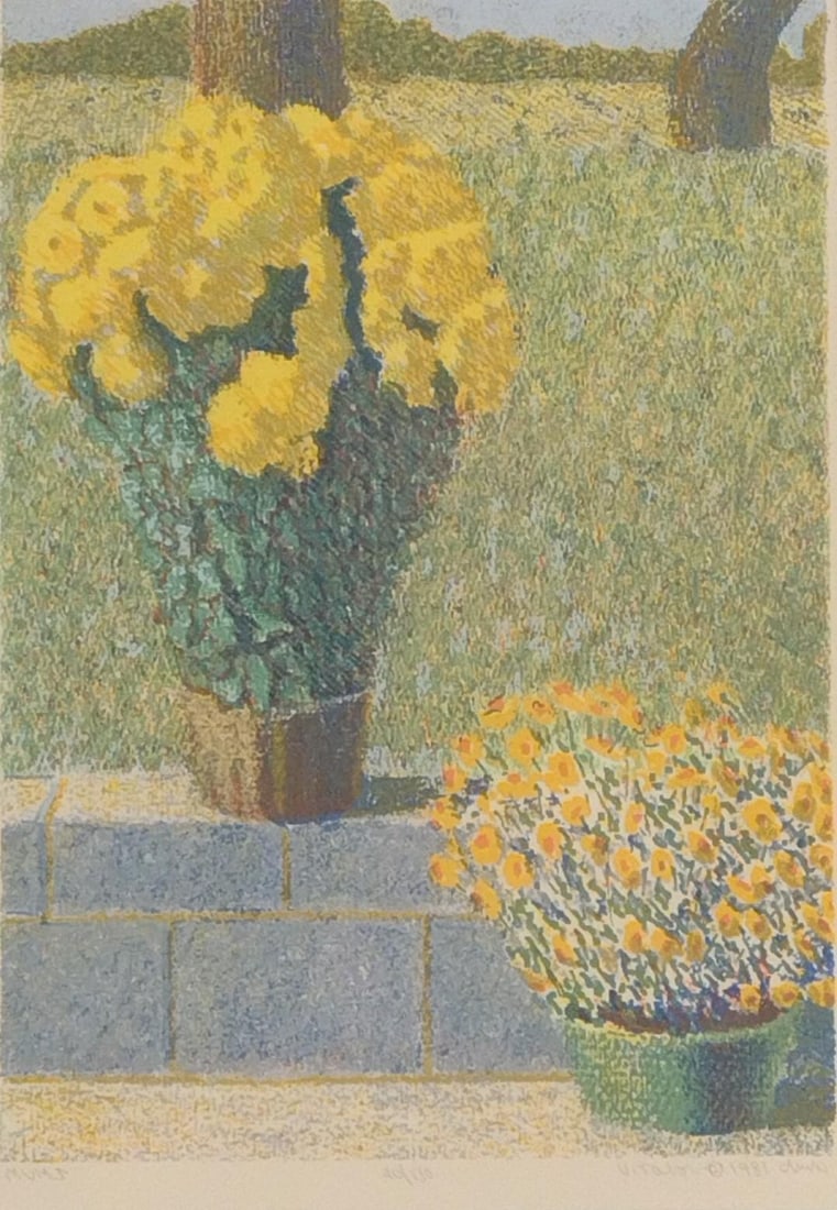 V. Tabor "Mums" Ltd Ed Print: NOT ELIGIBLE FOR IN-HOUSE SHIPPING. Edition number 20 / 130. Dated 1981. Sight: 11-1/4" high x 8" wide. Overall with frame: 18" high x 14-1/4" wide.