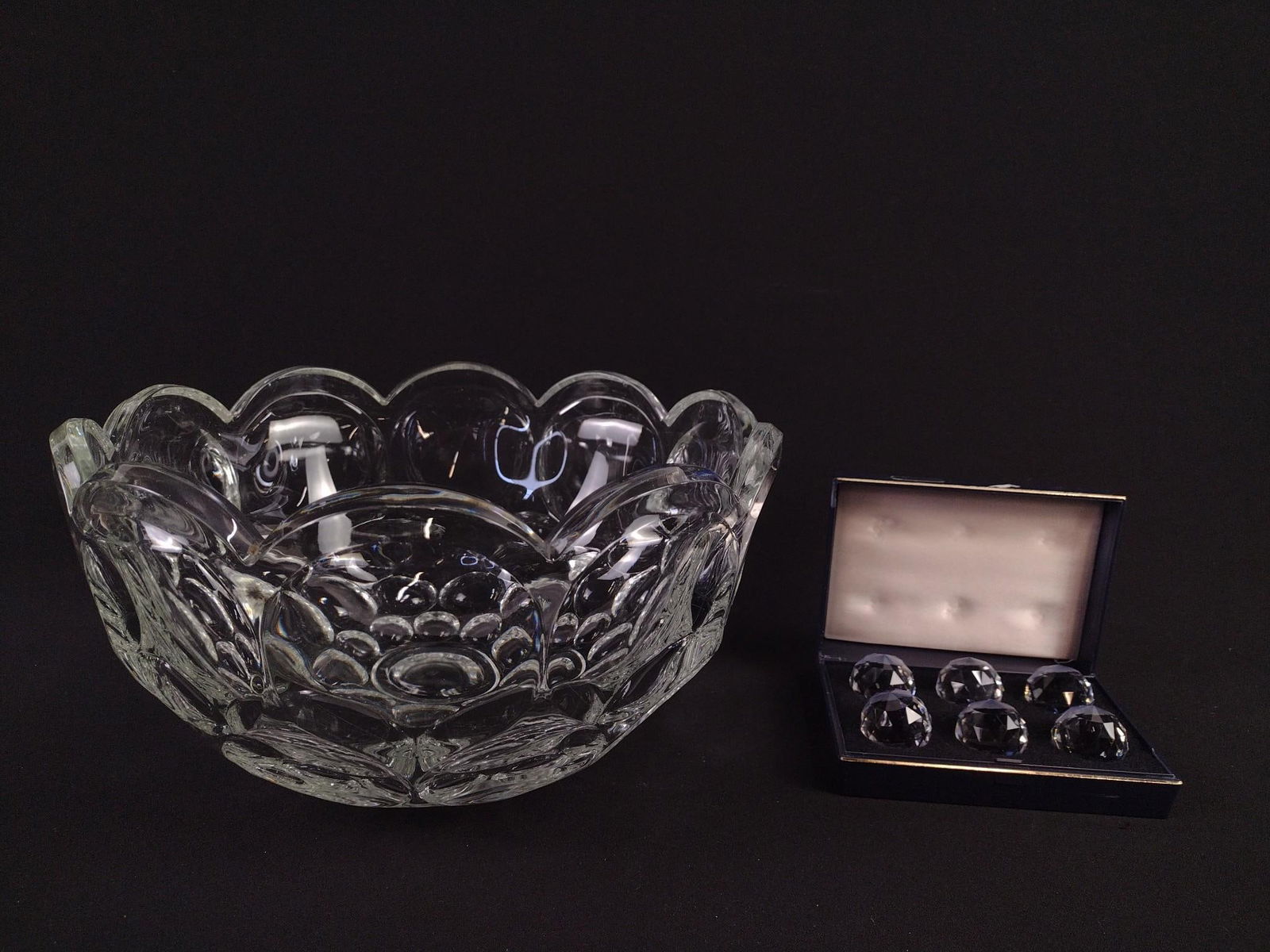 Heisey Glass Punch Bowl and 8 Gorham Place Card Holders: Bowl: 11-1/4" diameter x 6-1/2" high. Place card holders each: 1-1/4" round.