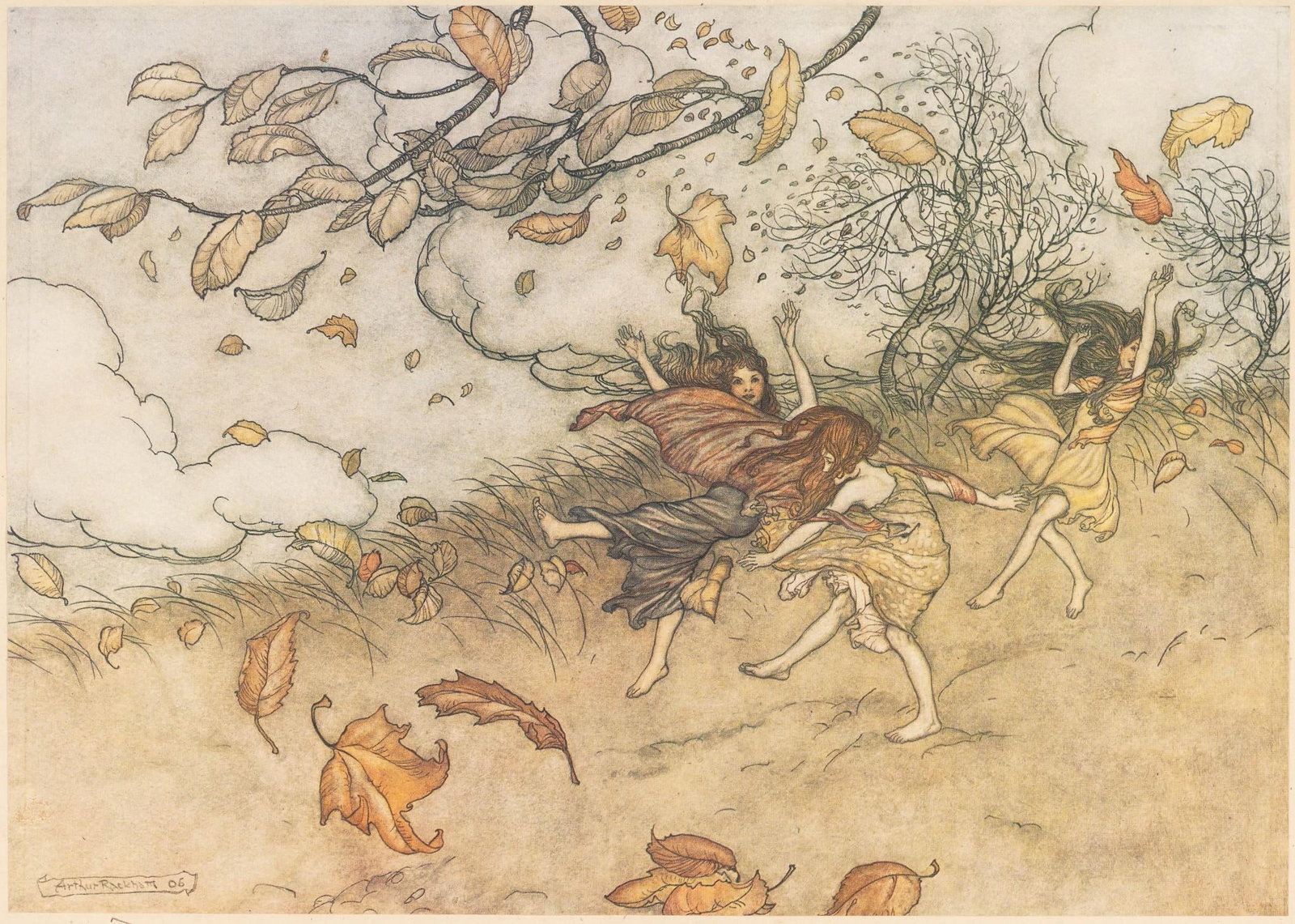 Arthur Rockham "Leaf Fight" Print: NOT ELIGIBLE FOR IN-HOUSE SHIPPING. Sight: 10" high x 14" wide. Overall with frame: 13-1/4" high x 17-1/4" wide.