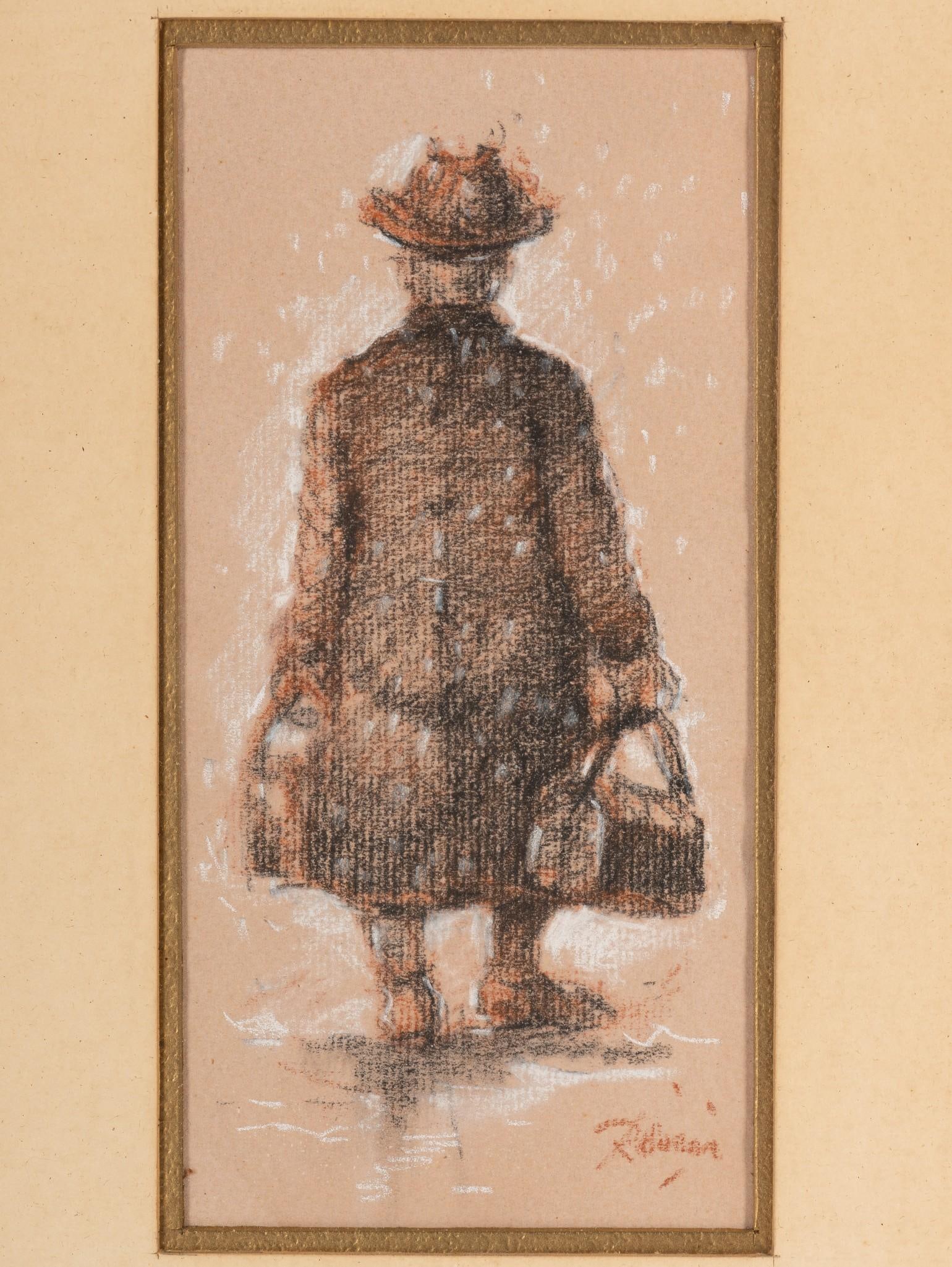 "De Oude Tante" Pastel: Sight: 7-1/2" high x 3-1/2" wide. Overall with frame: 16-1/2" high x 12-1/2" wide. Chip to glass at top right corner. Loose in frame.