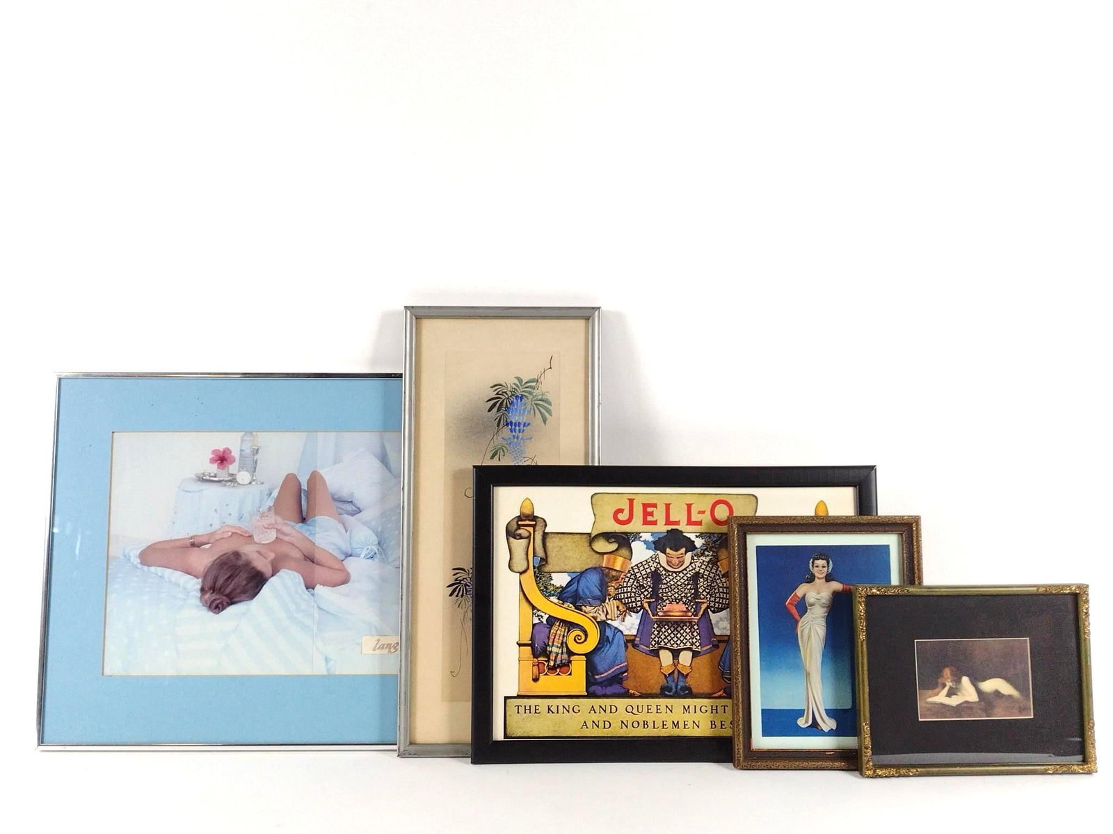 5 Vintage Prints / Watercolor incl Billy DeVoss: NOT ELIGIBLE FOR IN-HOUSE SHIPPING. Also includes Asian watercolor of bird, Jello advertising, nude enlarged photo and nude print. Sight: 3" to 15" high x 4-1/2" to 17-3/4" wide. Overall with frame: 7